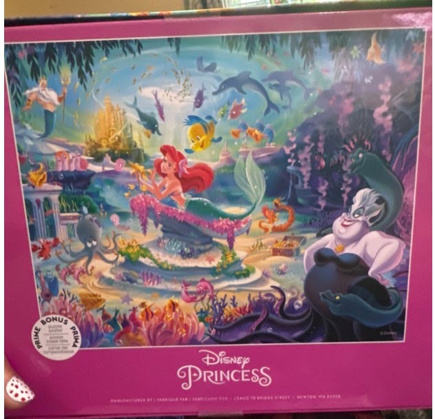 Ariel, Ursula, Flounder, King Triton, and dolphins in an undersea kingdom with a golden castle.