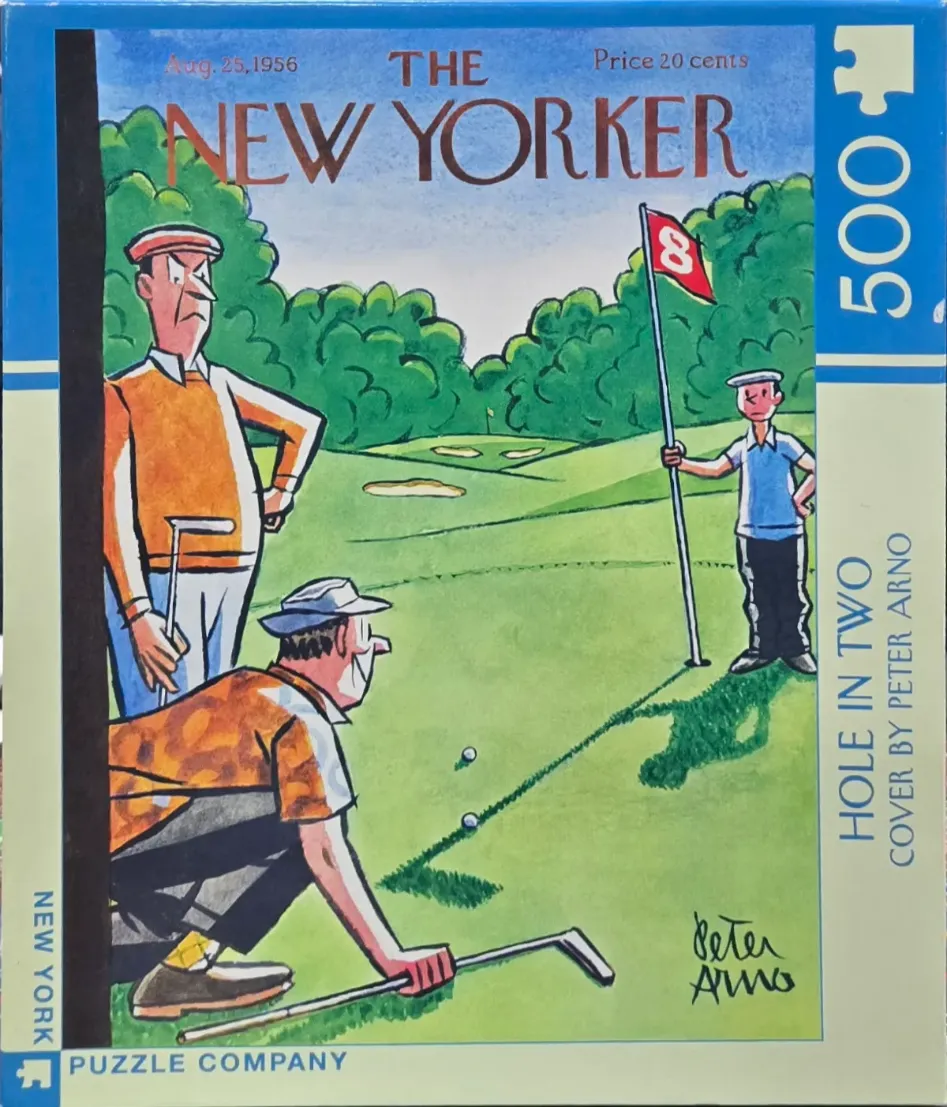 A vintage-style New Yorker magazine cover illustration of three men on a golf course.