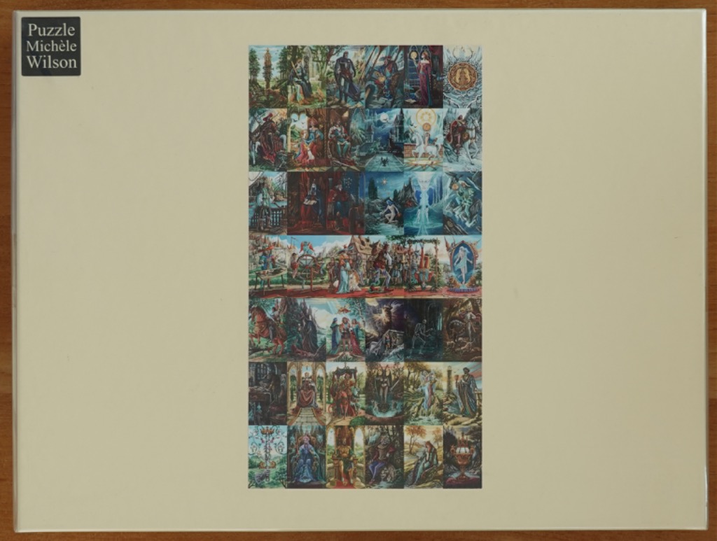 A montage of thirty-five fantasy and medieval-style tarot card illustrations arranged in a grid.