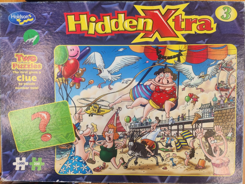 A humorous cartoon scene showing beachgoers, a donkey, and people in a parasail ride on a sunny day.