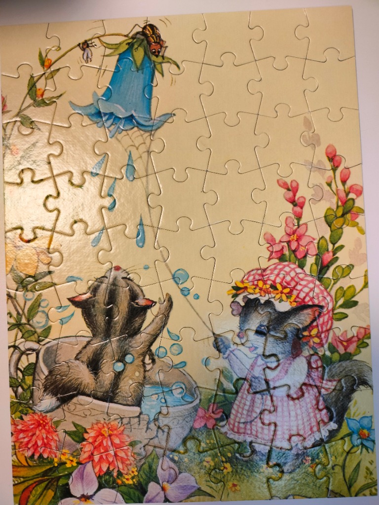 Illustration of two kittens bathing in a garden setting