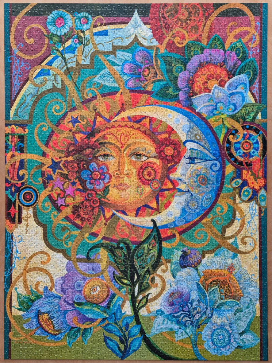 Artistic illustration of a sun and moon intertwined within a vibrant, floral Art Nouveau-style composition.