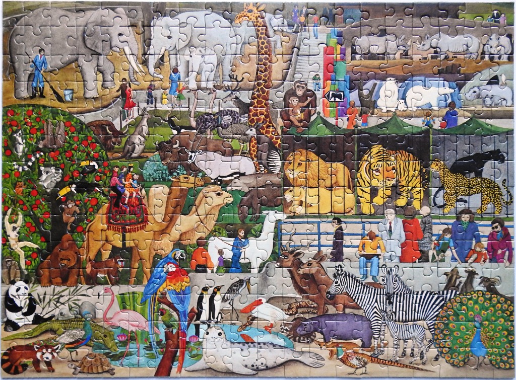 Illustration of a busy zoo scene filled with a wide variety of animals and visitors.