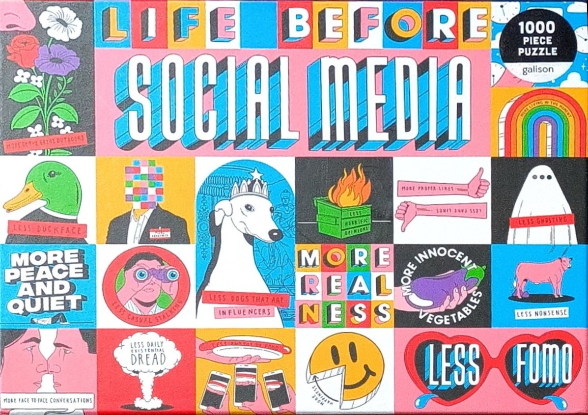 A grid of humorous, colorful, stylized illustrations criticizing modern social media culture.