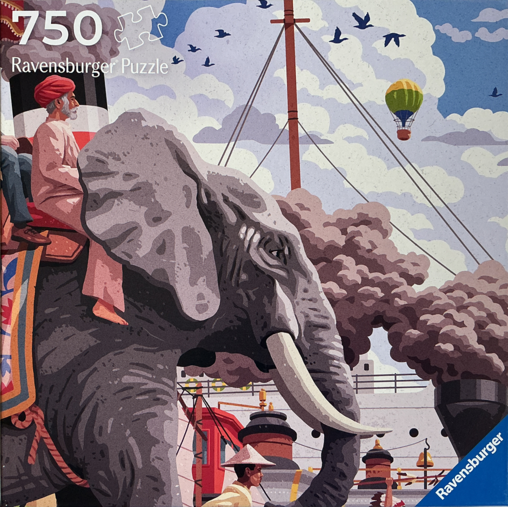 A stylized illustration of a large elephant walking in front of a steamship with people and a hot air balloon.