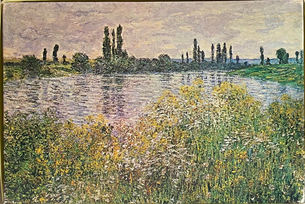 Impressionist painting of a river landscape with wildflowers in the foreground and a line of trees on the horizon.