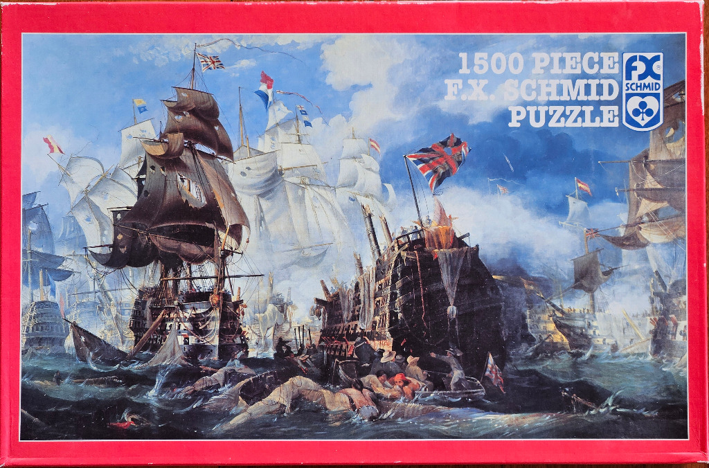A dramatic oil painting of a naval battle featuring several large, 19th-century wooden warships amidst smoke and choppy seas.