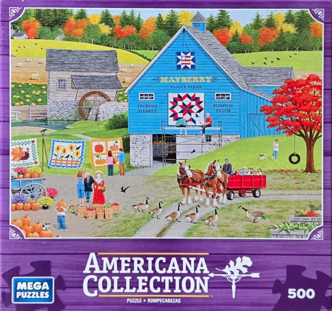 A rural autumn scene featuring a blue barn, a pumpkin patch, and people hanging quilts outdoors.