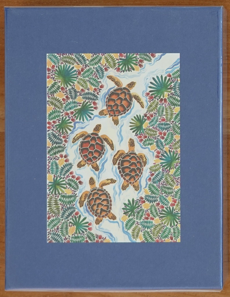 A whimsical illustration of four sea turtles swimming in a stylized blue stream surrounded by dense, leafy tropical flora.