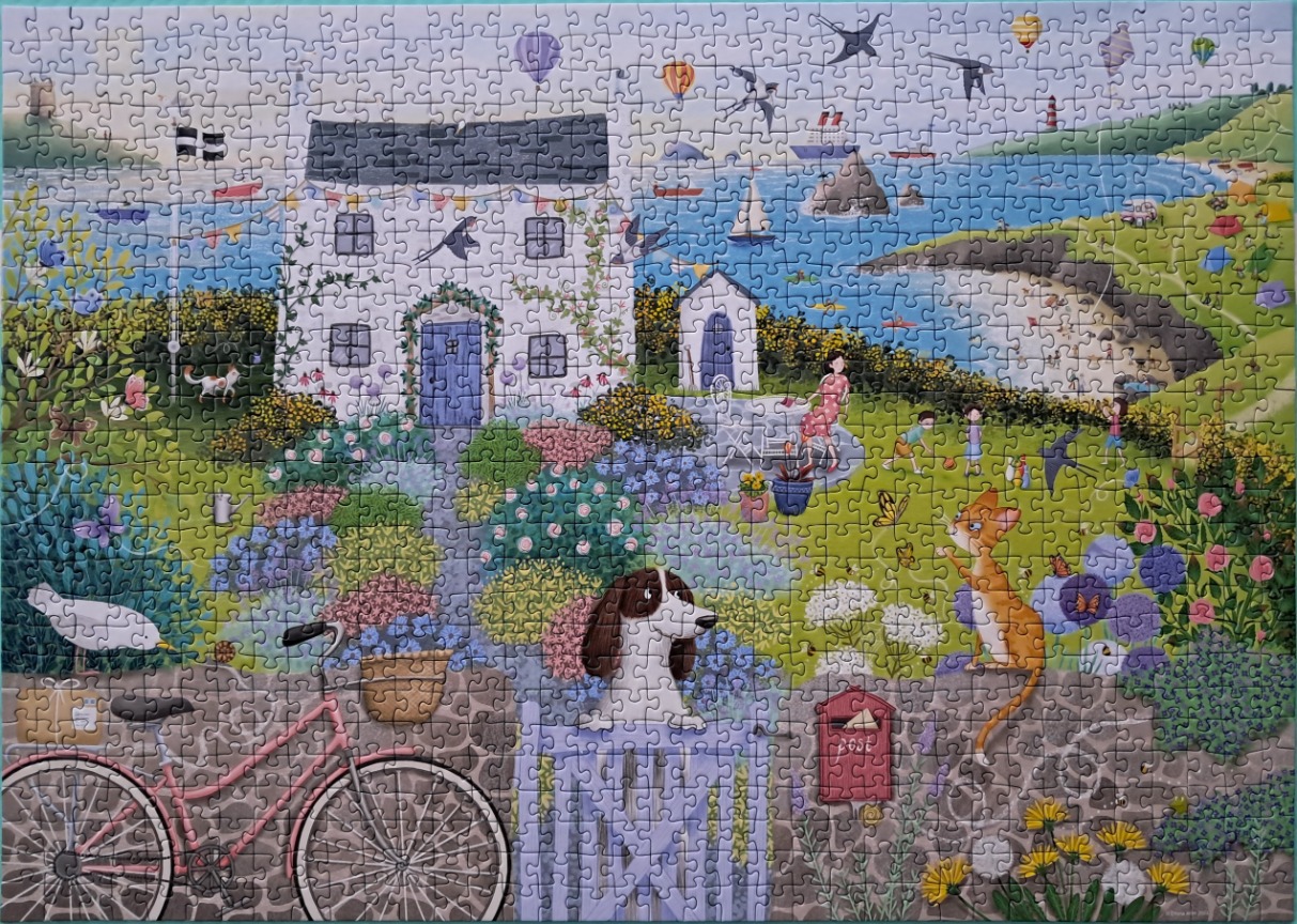 A whimsical seaside illustration featuring a cottage, a pink bicycle, and pets in a lush garden.