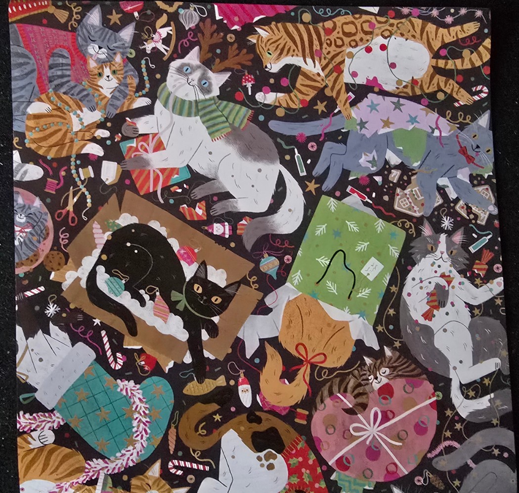 A festive, chaotic illustration of numerous cats interacting with Christmas gifts, ornaments, and decor on a black background