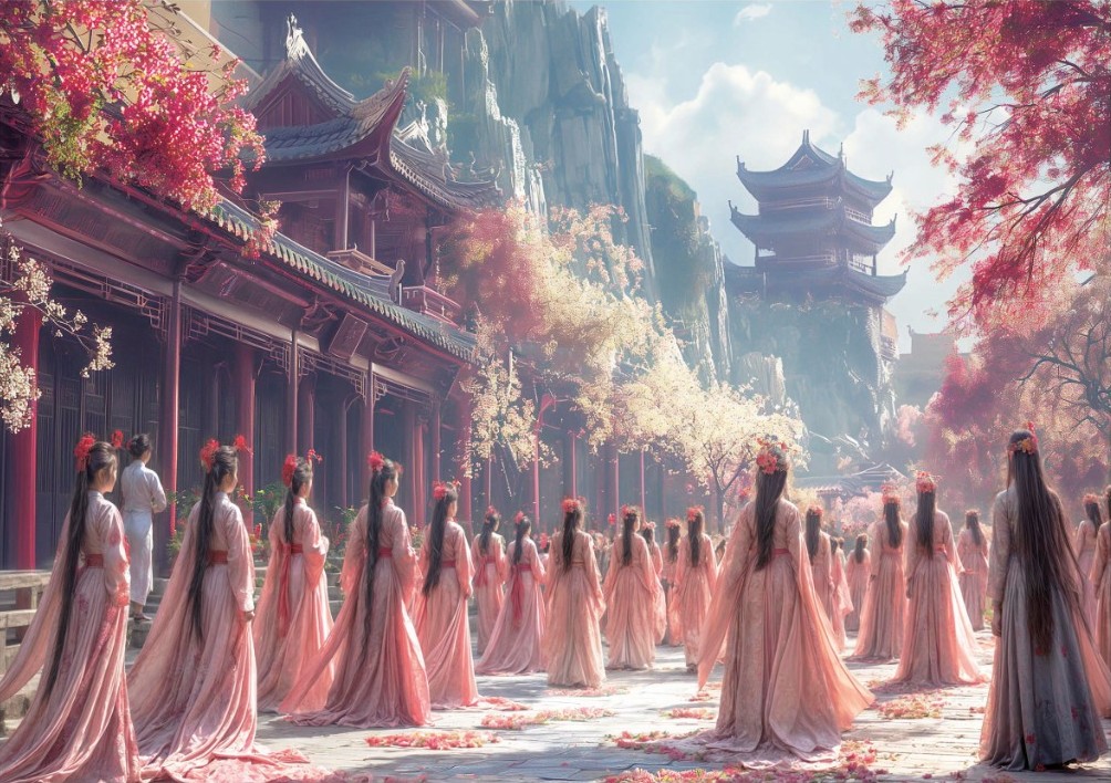 A procession of women in traditional pink robes walking through an ornate, cherry blossom-filled temple complex.