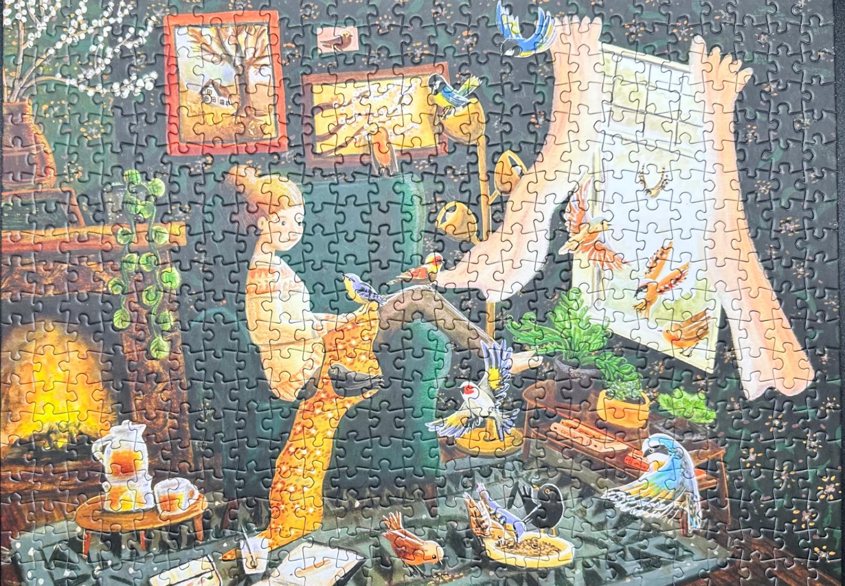 Illustration of a woman sitting in a cozy room filled with birds and a warm fireplace.
