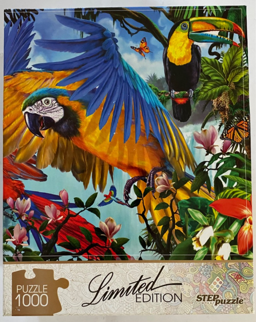 A vibrant painting of a blue and yellow macaw flying through a lush jungle scene with a toucan and butterflies.
