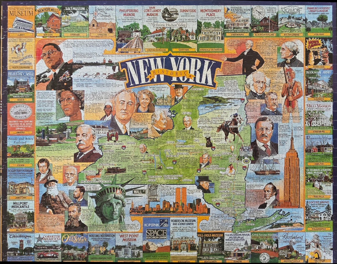 A vintage-style illustrated map of New York State featuring historical figures, landmarks, and text snippets.
