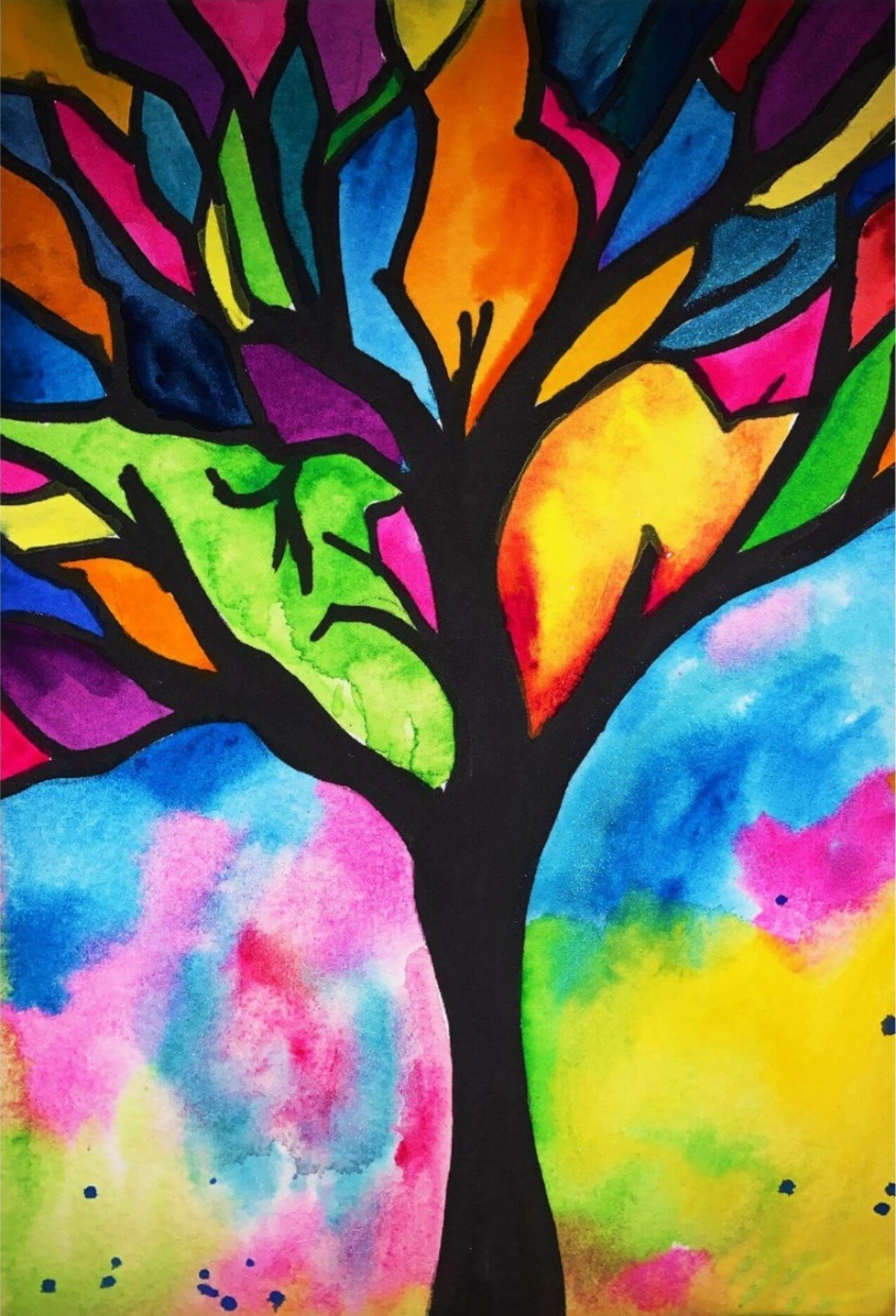 Stained-glass style tree illustration with vibrant, multi-colored segments and a watercolor background.