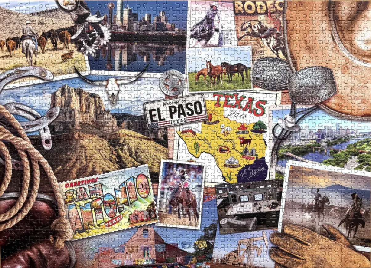 A collage of Texas-themed imagery including rodeo scenes, landscapes, and iconic state memorabilia.