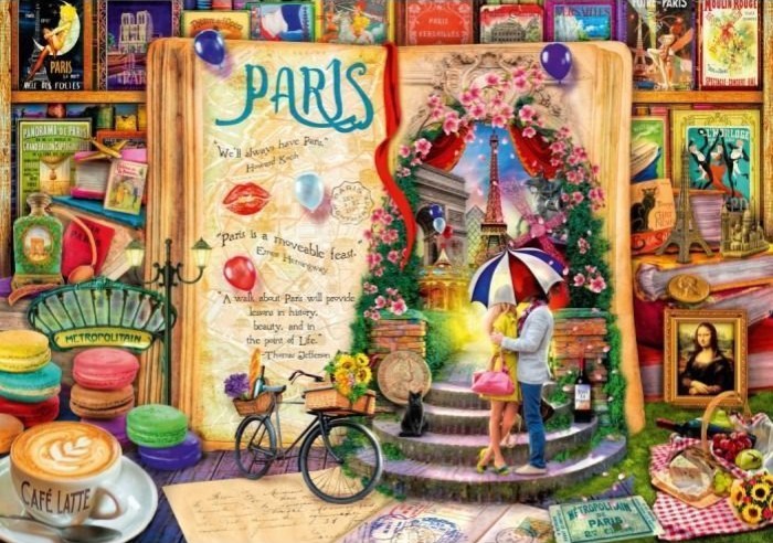 A whimsical illustration of a romantic scene in Paris featuring an open book, a couple, and various Parisian icons.