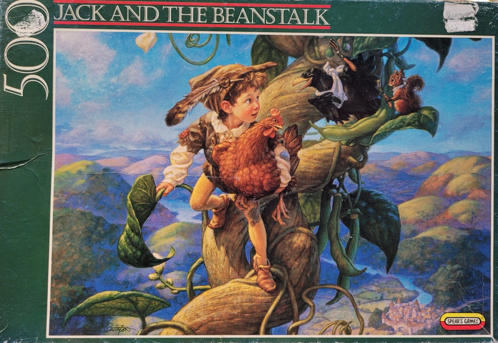 Jack carrying a golden hen while perched on a giant beanstalk above a rolling landscape.
