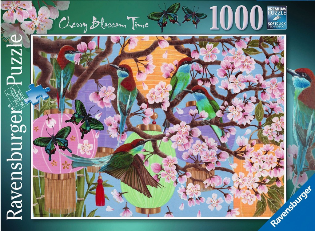 Five vibrant bee-eater birds perched among pink cherry blossoms and colorful paper lanterns.