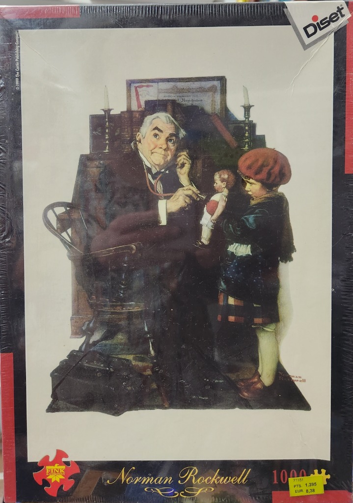 Painting of a kindly doctor using a stethoscope to examine a small doll held by a young girl in a red beret.