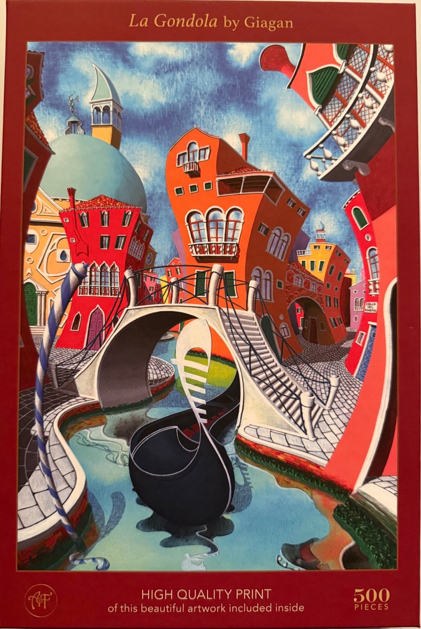 Surrealist painting of a distorted Venetian canal scene with vibrant orange and red buildings, a stone bridge, and a gondola
