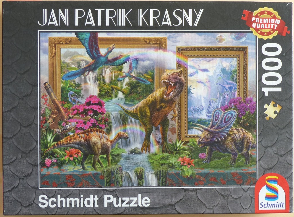 A surrealist dinosaur scene featuring a T-Rex and other prehistoric creatures emerging from ornate gold picture frames.