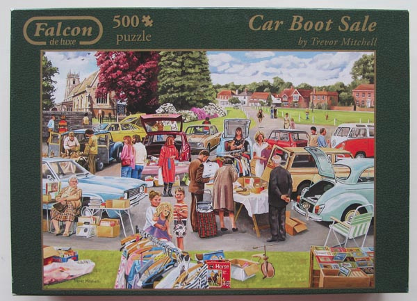 A nostalgic painting of a bustling village car boot sale with various vintage cars and people browsing market stalls.