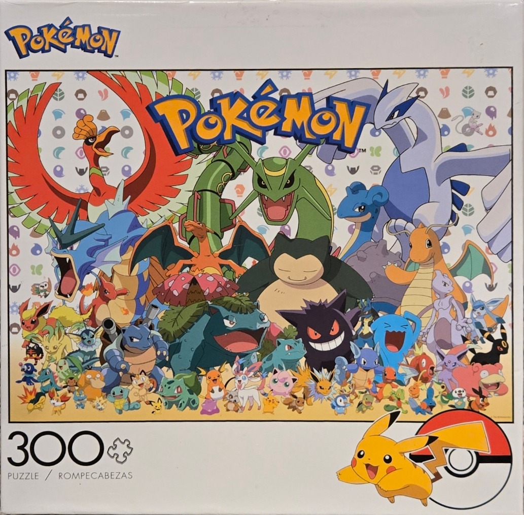 An illustration featuring a large group of colorful Pokemon characters against a patterned white background.
