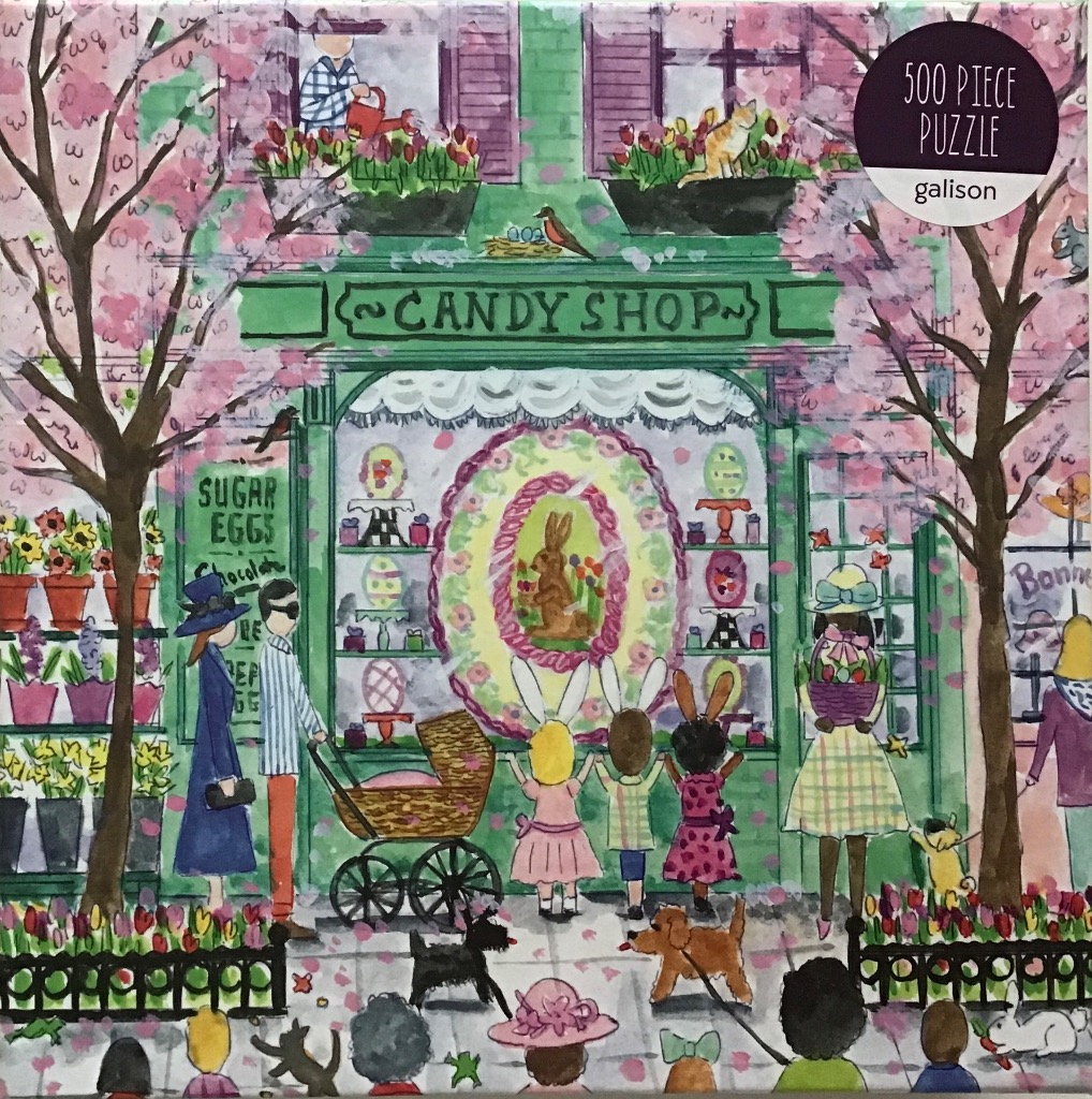 Watercolor illustration of people looking into a springtime candy shop window decorated with Easter eggs and a bunny.