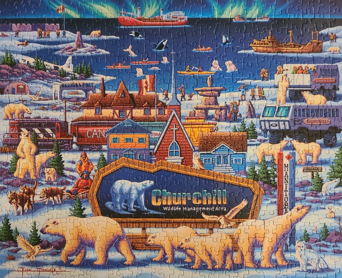 A whimsical illustration of the Churchill Wildlife Management Area featuring polar bears, a small town, and northern lights.