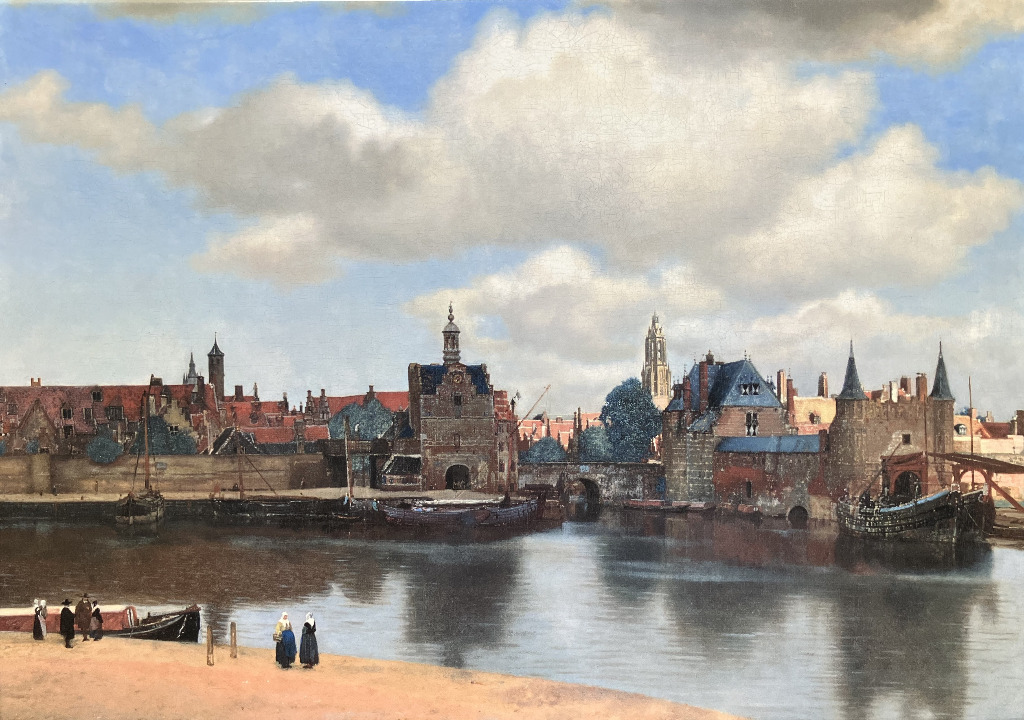 A classic oil painting of a 17th-century Dutch cityscape with a river, city wall, and figures along the shore.