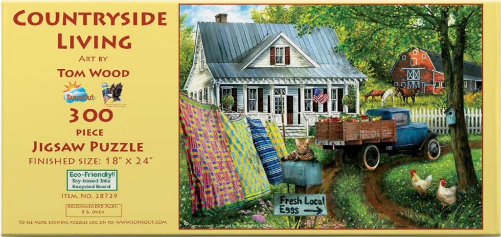 A peaceful rural farmhouse scene with a vintage blue truck, colorful quilts on a clothesline, and farm animals.