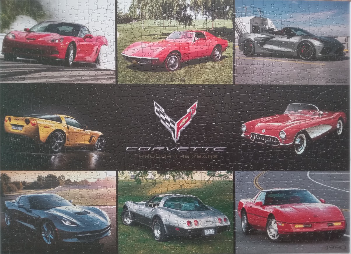 A montage of eight iconic Corvette sports cars through the decades surrounding a central logo.