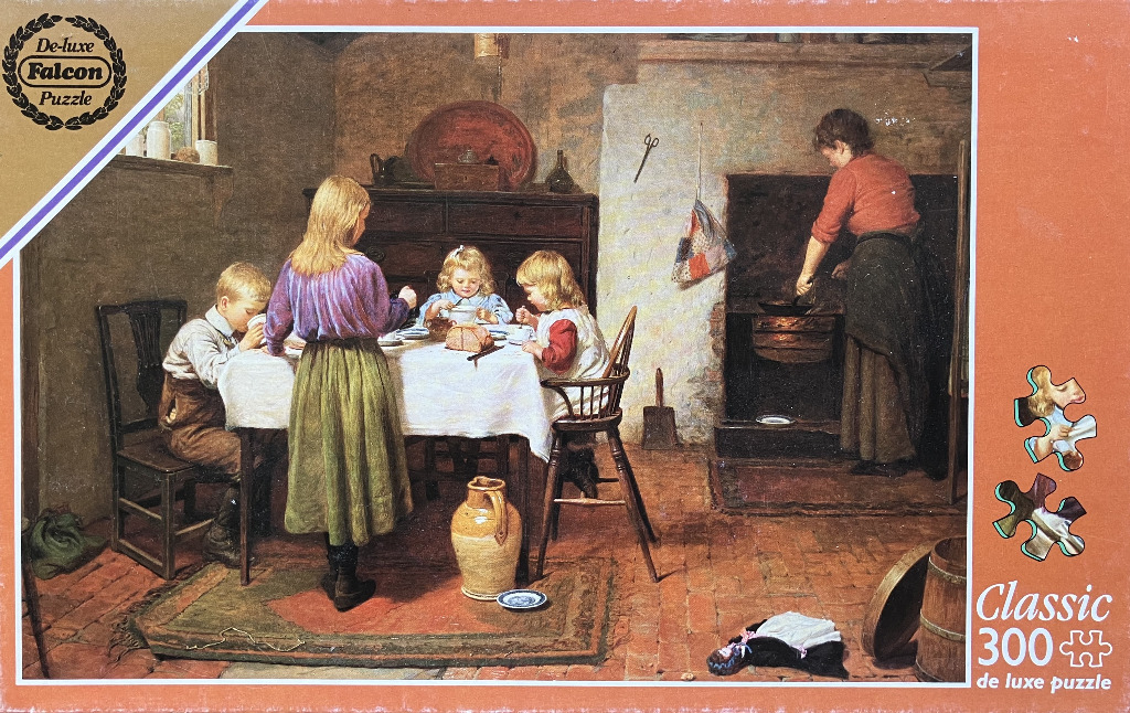 An oil painting of a woman cooking at a hearth while three children eat at a rustic kitchen table.