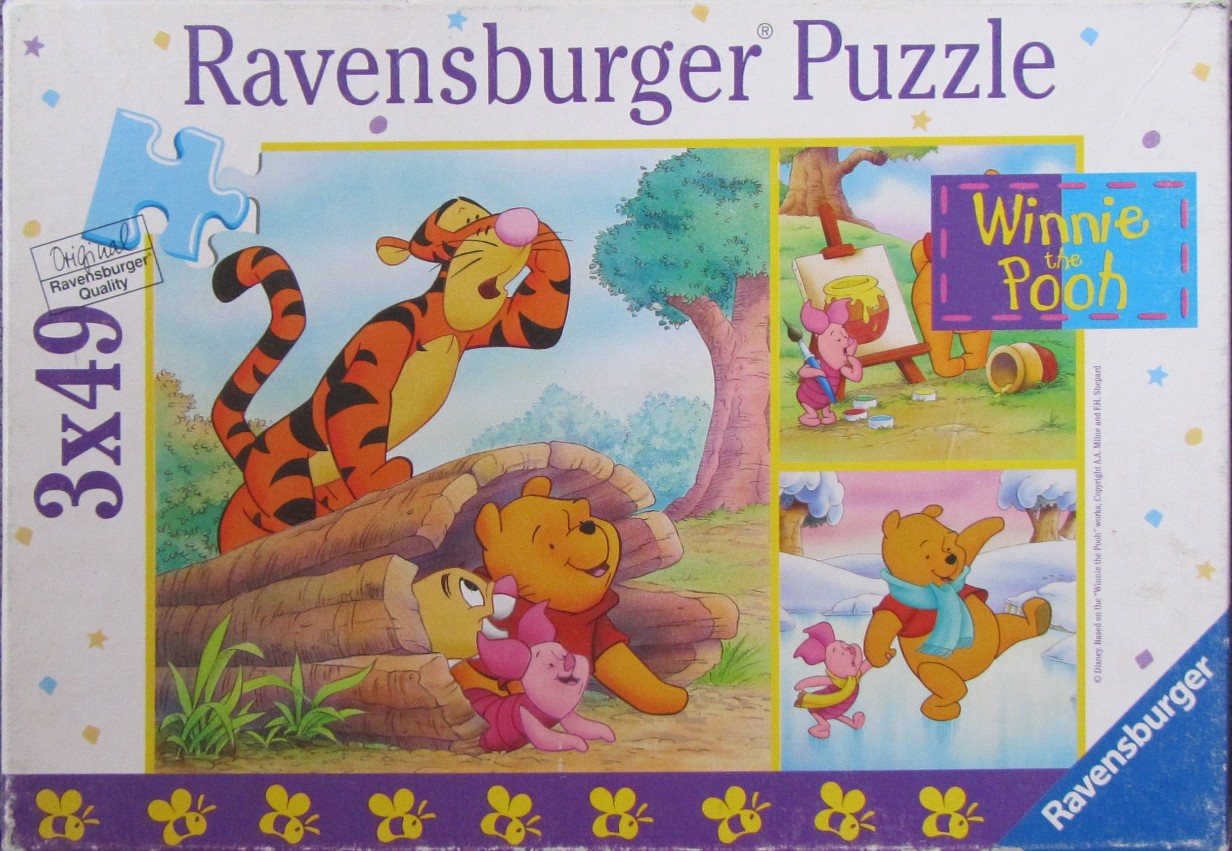 An illustration featuring Tigger, Winnie the Pooh, and Piglet in three separate scenes from the Hundred Acre Wood.