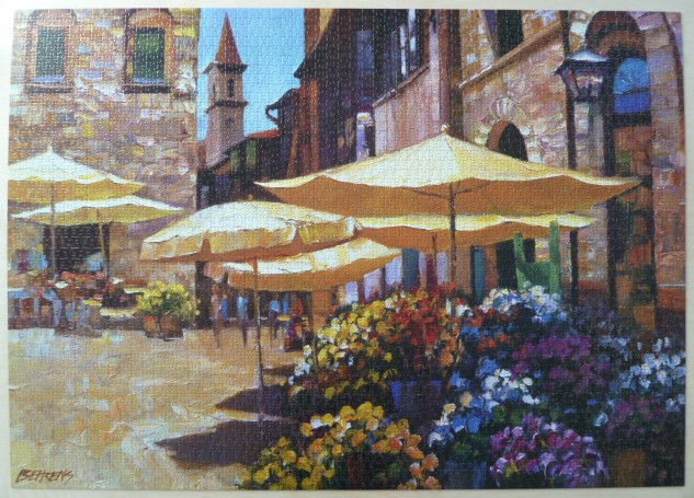 Oil painting of a sunlit Italian town square featuring yellow umbrellas and flower stalls.