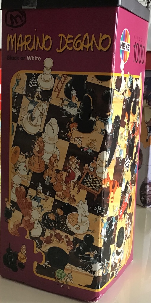 A whimsical cartoon illustration of a chaotic chess game filled with comical characters and oversized pieces.