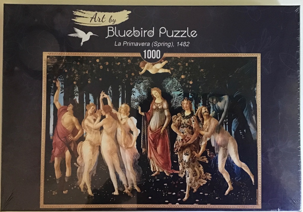 A reproduction of Sandro Botticelli's painting Primavera, featuring mythological figures in a lush grove.
