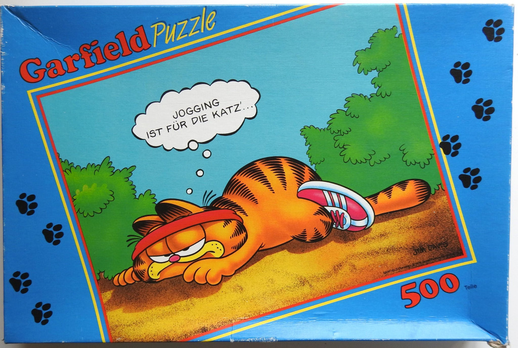 Cartoon illustration of Garfield the cat wearing a sweatband and one sneaker, lying exhausted on a dirt path.