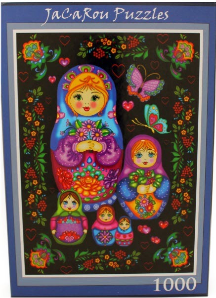 Illustration of five brightly colored Russian nesting dolls arranged against a black background with flowers and butterflies.