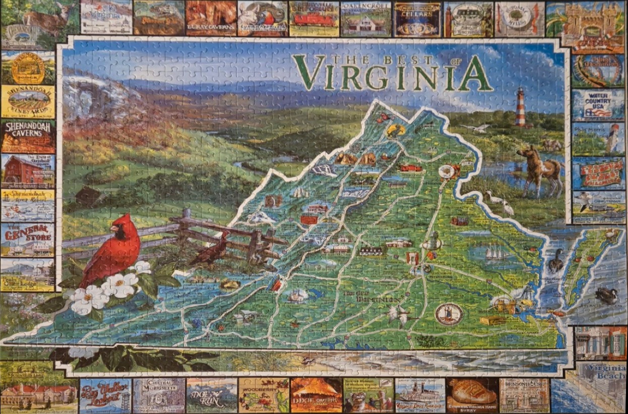 A vintage-style illustrated map of Virginia featuring the state bird, flower, and iconic landmarks.