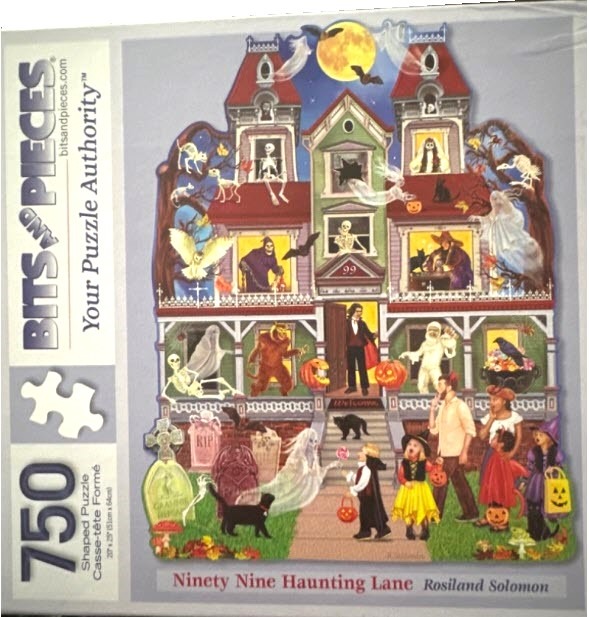 A whimsical illustration of a haunted Victorian house filled with ghosts, skeletons, and trick-or-treaters.