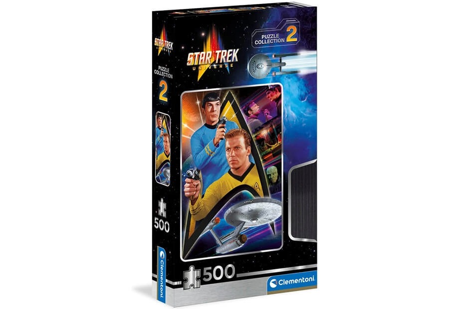 Star Trek illustration featuring Captain Kirk, Spock, and the USS Enterprise against a cosmic background.