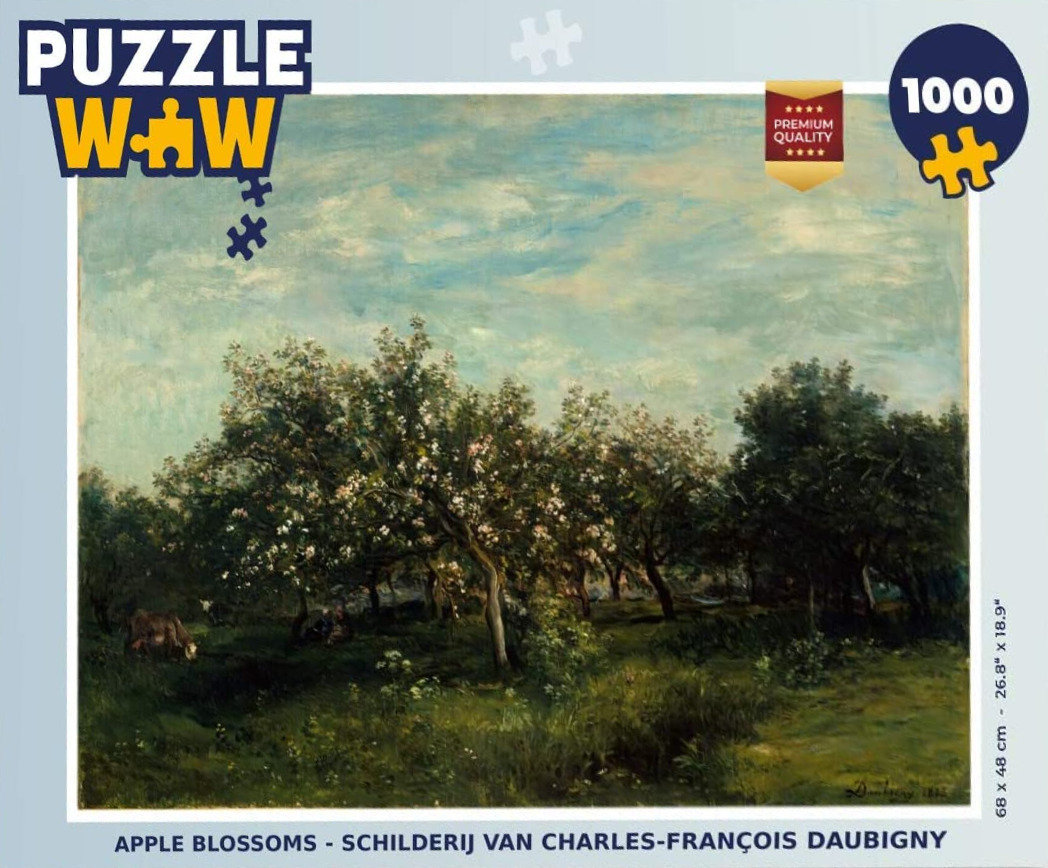 An oil painting by Charles-François Daubigny depicting a sunlit apple orchard in full bloom with cows grazing below.