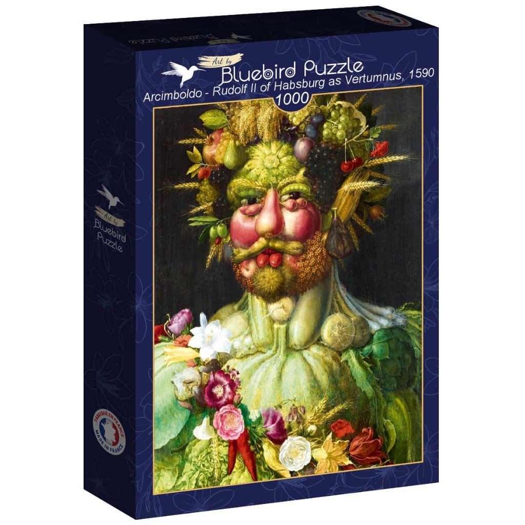 A classic oil painting depicting a human portrait composed entirely of fruits, vegetables, and flowers.