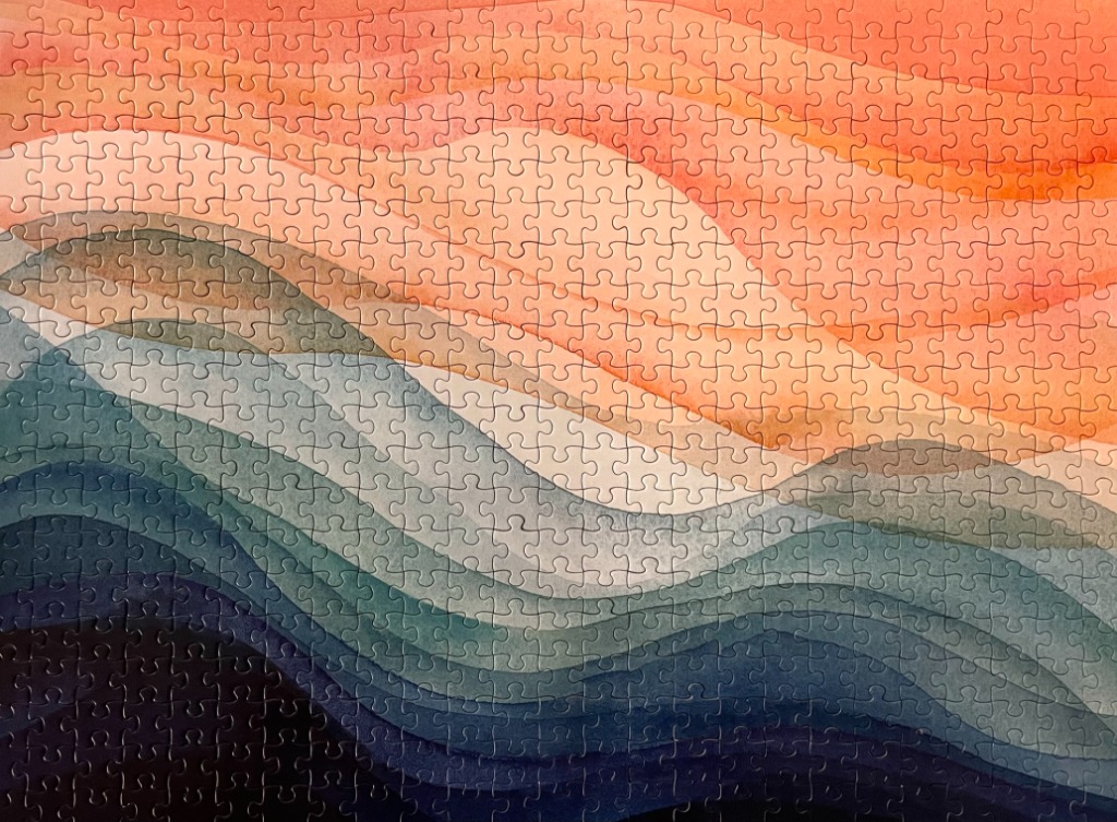 Abstract artwork featuring layered, wavy bands in a gradient from warm orange to deep blue.