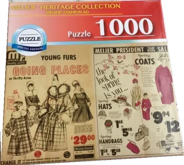 A vintage-style advertisement collage featuring women in winter coats and accessories.