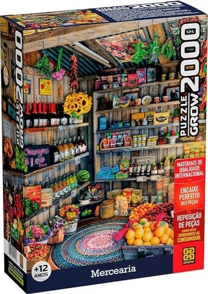 A detailed illustration of the interior of a rustic country grocery store filled with fresh produce and shelves of goods.