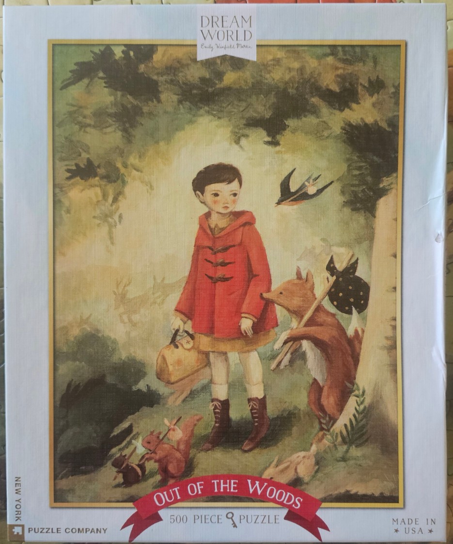 A whimsical illustration of a young child in a red coat walking through a forest with animal companions.